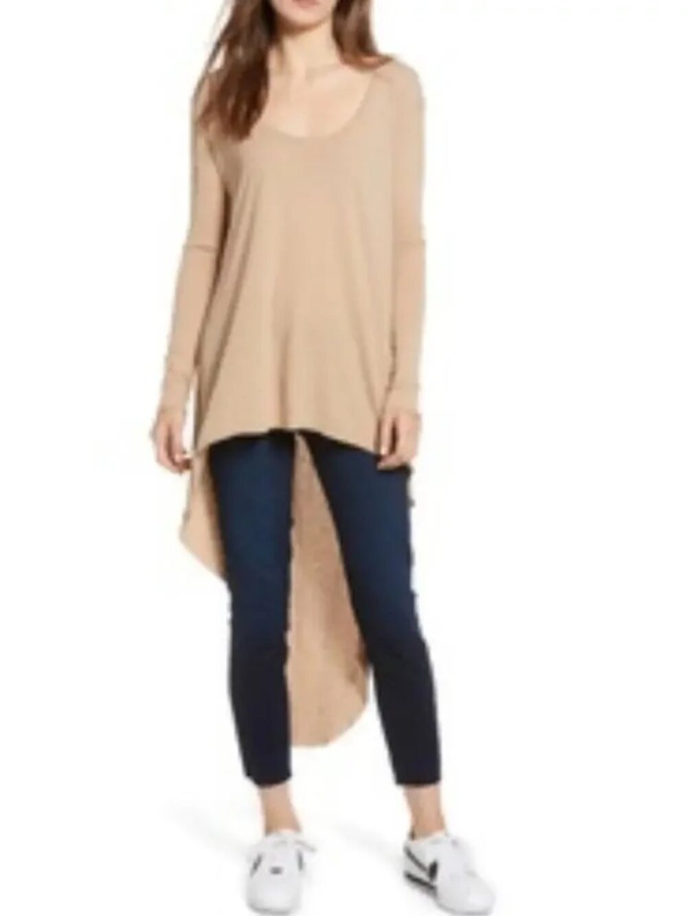 Frank & Eileen Tee Lab High Low Tan Tunic Top L Long Sleeve Raw Hem 100% Cotton